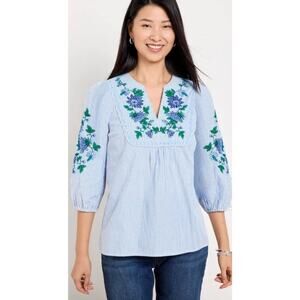 Talbots Embroidered Blue Stripe Popover Top V Neck Shirt Longsleeve Cotton Sz XS